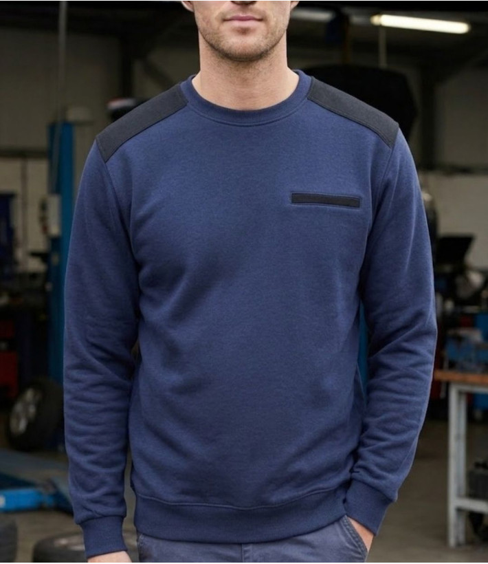 Sweat homme col rond CHALLENGER PARFAIT2 molleton bleu 320g renforts épaules twill
