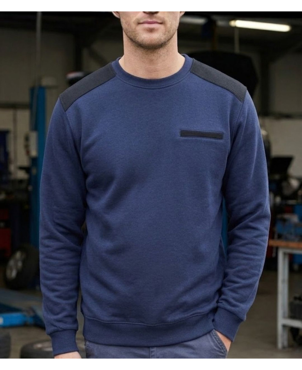 Sweat homme col rond CHALLENGER PARFAIT2 molleton bleu 320g renforts épaules twill