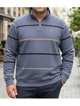Sweat col camionneur zippé à rayures gris homme Challenger PORTO1