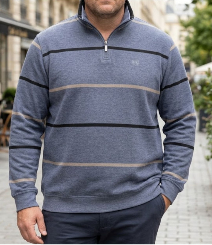 Sweat col camionneur zippé à rayures gris homme Challenger PORTO1