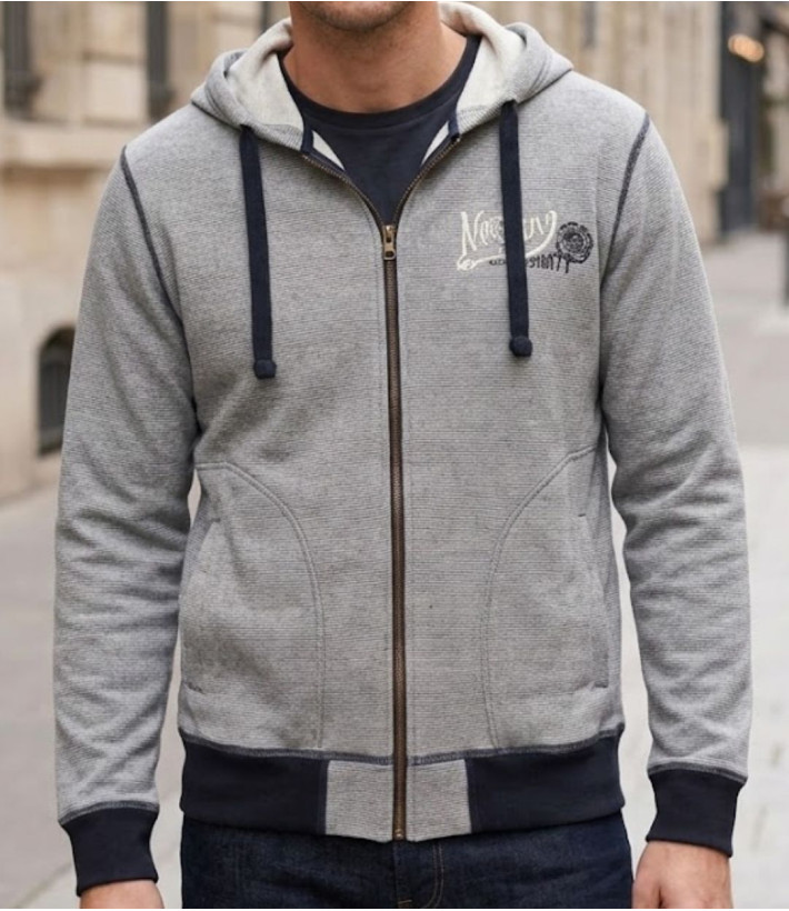 Sweat à capuche homme Axxano AH1169M coloris bleu marine et écru à fines rayures en relief