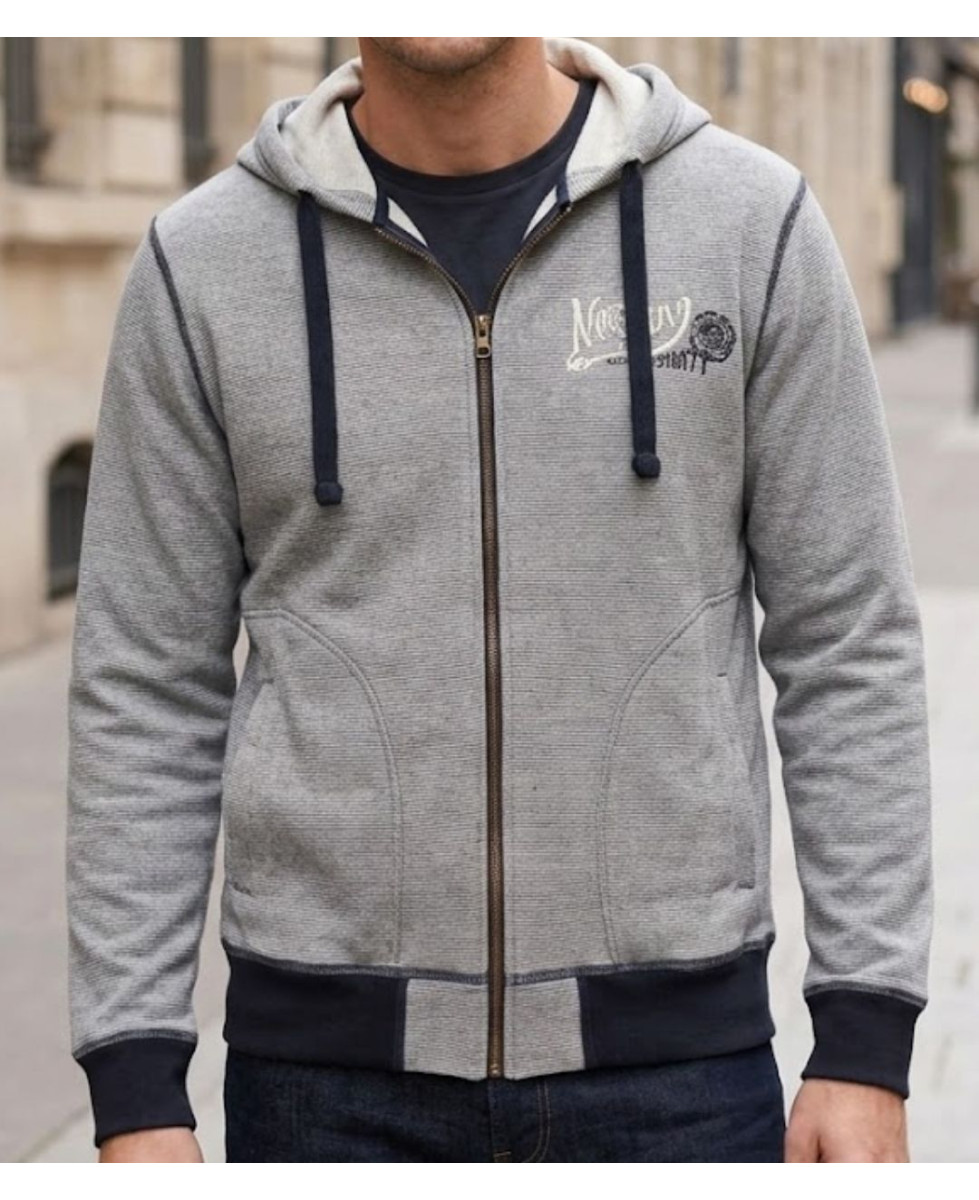 Sweat à capuche homme Axxano AH1169M coloris bleu marine et écru à fines rayures en relief