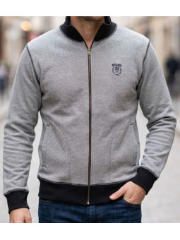 Sweat col montant zippé homme Axxano AH1157M coloris bleu marine et écru à fines rayures en relief