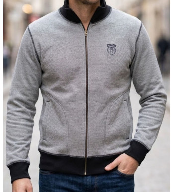 Sweat col montant zippé homme Axxano AH1157M coloris bleu marine et écru à fines rayures en relief