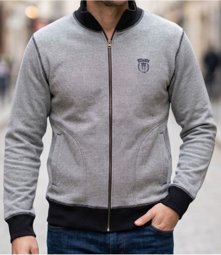 Sweat col montant zippé homme Axxano AH1157M coloris bleu marine et écru à fines rayures en relief