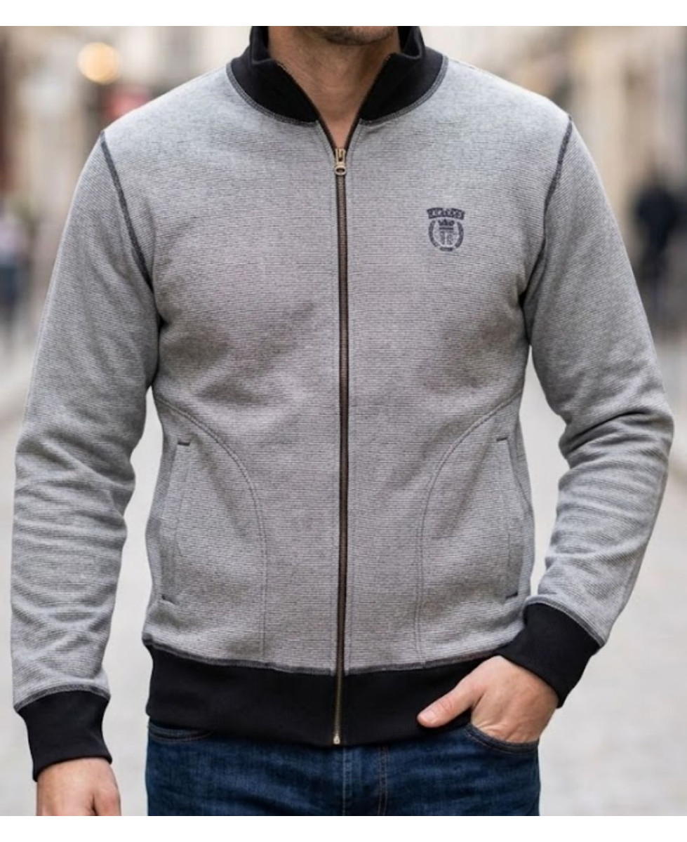 Sweat col montant zippé homme Axxano AH1157M coloris bleu marine et écru à fines rayures en relief