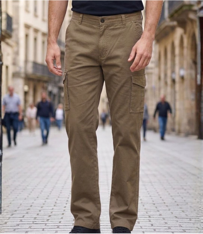 Pantalon multipoche homme Challenger VASCO1 coloris beige en toile canvas avec poches côtés à soufflet