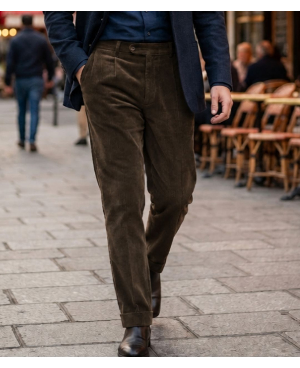 Pantalon velours extensible marron taille haute homme MAYFLOWER D373
