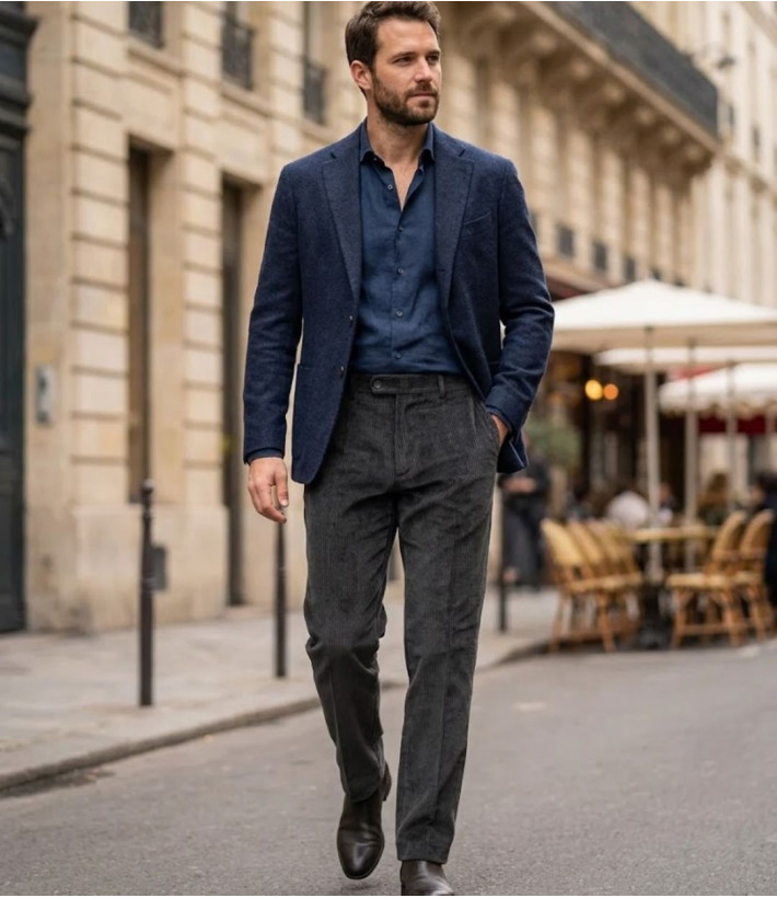 MAYFLOWER D373 — Pantalon velours extensible gris homme