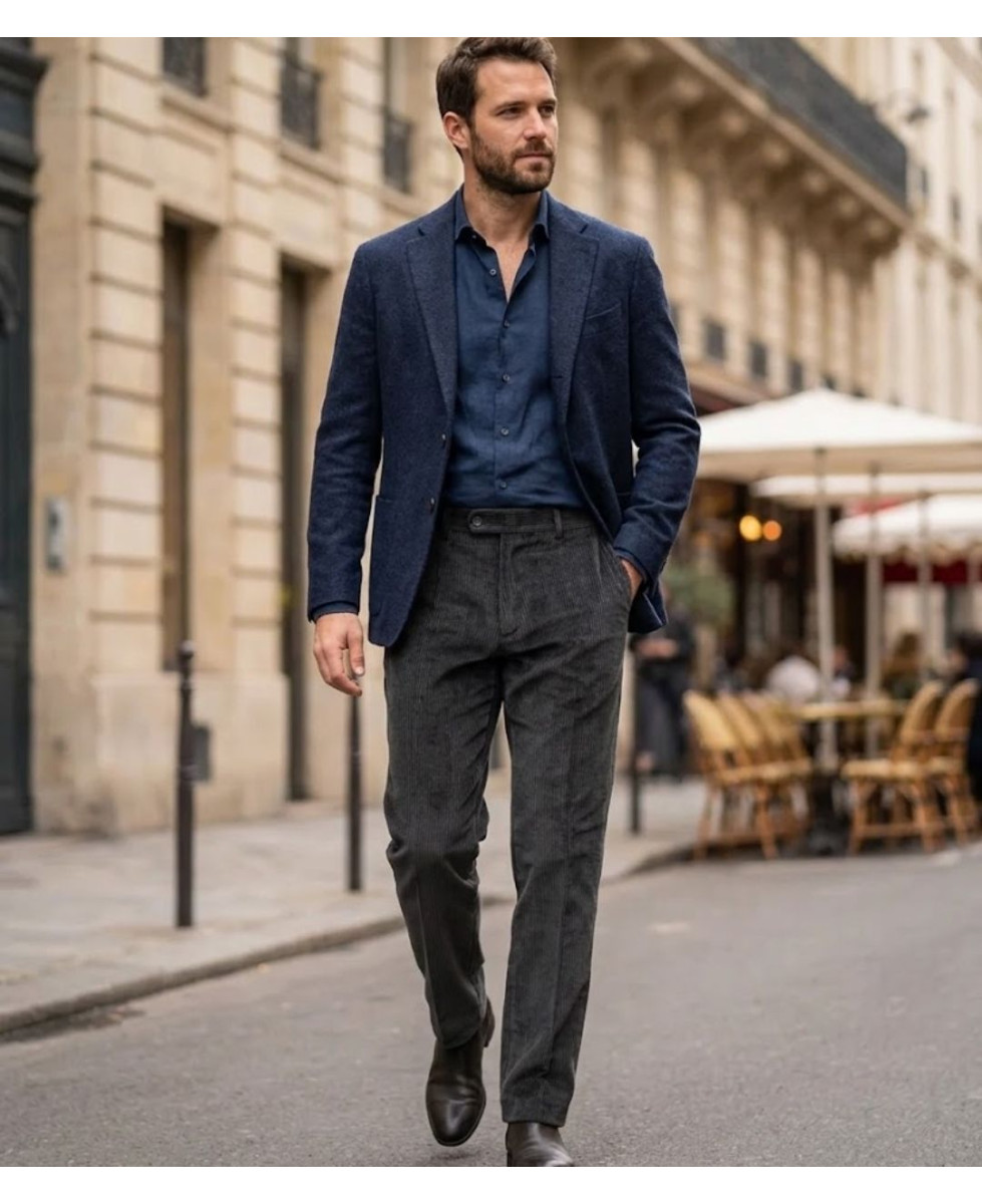 MAYFLOWER D373 — Pantalon velours extensible gris homme