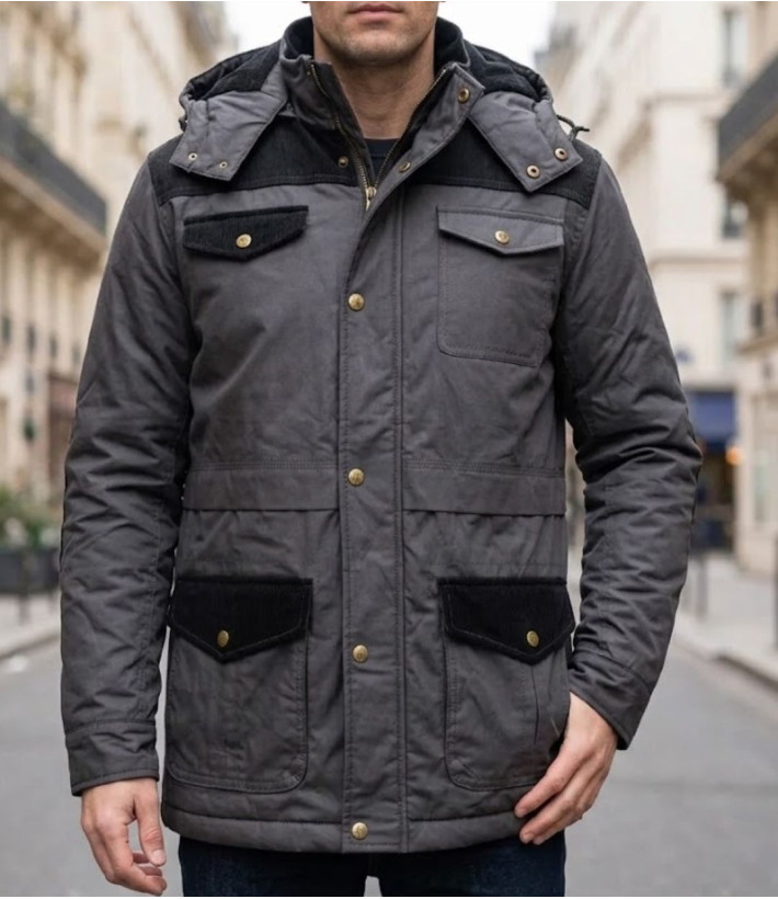 Parka bi-matière pour homme kaki WINCHESTER JANGO1 avec capuche et empiècements en velours