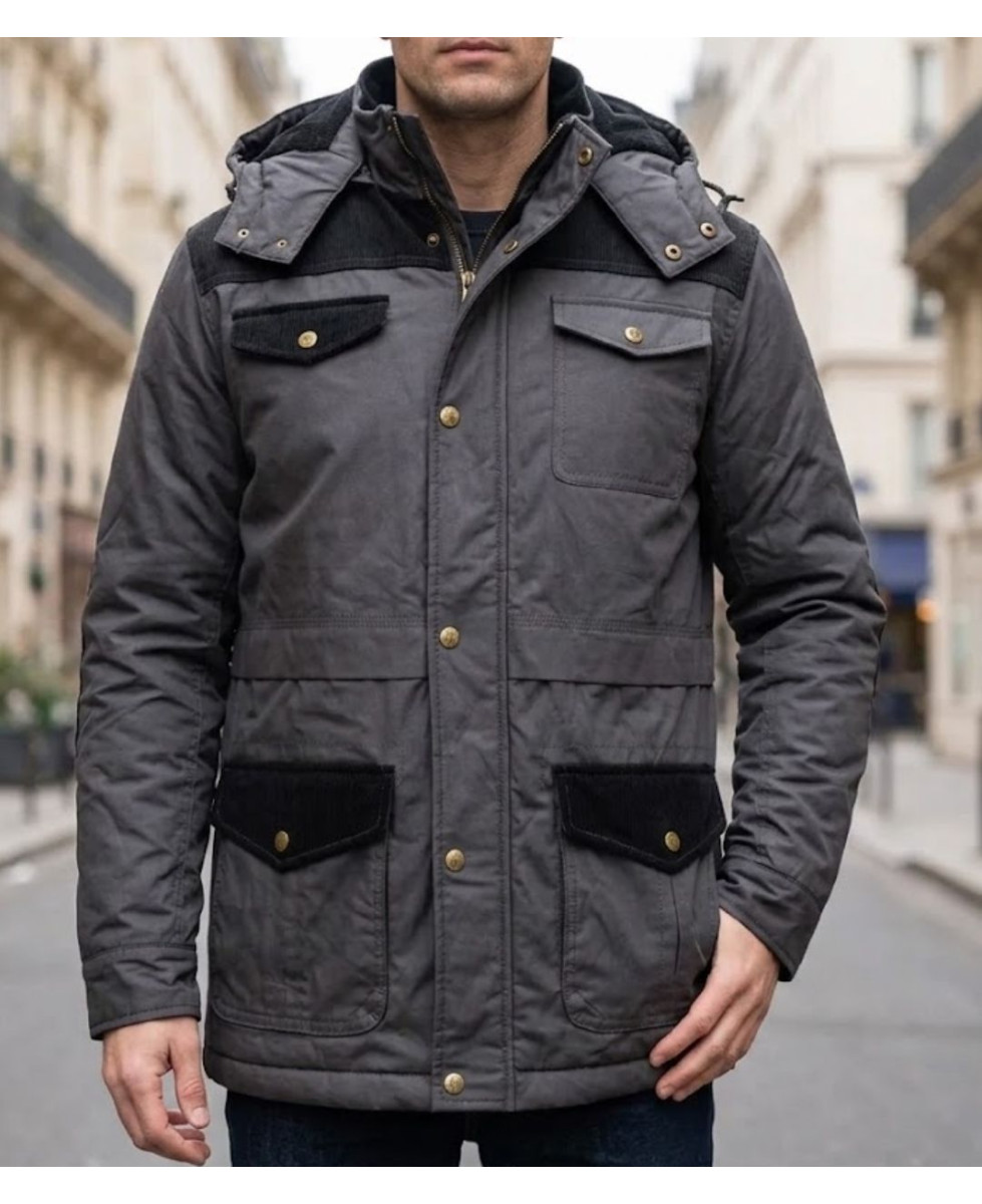 Parka bi-matière pour homme kaki WINCHESTER JANGO1 avec capuche et empiècements en velours