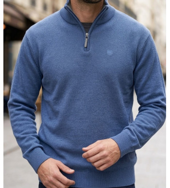 CHALLENGER PYLONE1 pull col montant zippé bleu marine homme en maille haute densité