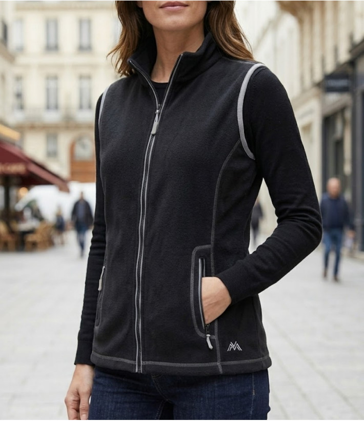 Gilet sans manches polaire femme MAYFLOWER SAKURA1 noir avec col montant et poches zippées