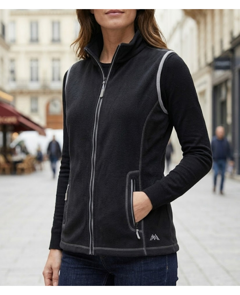 Gilet sans manches polaire femme MAYFLOWER SAKURA1 noir avec col montant et poches zippées
