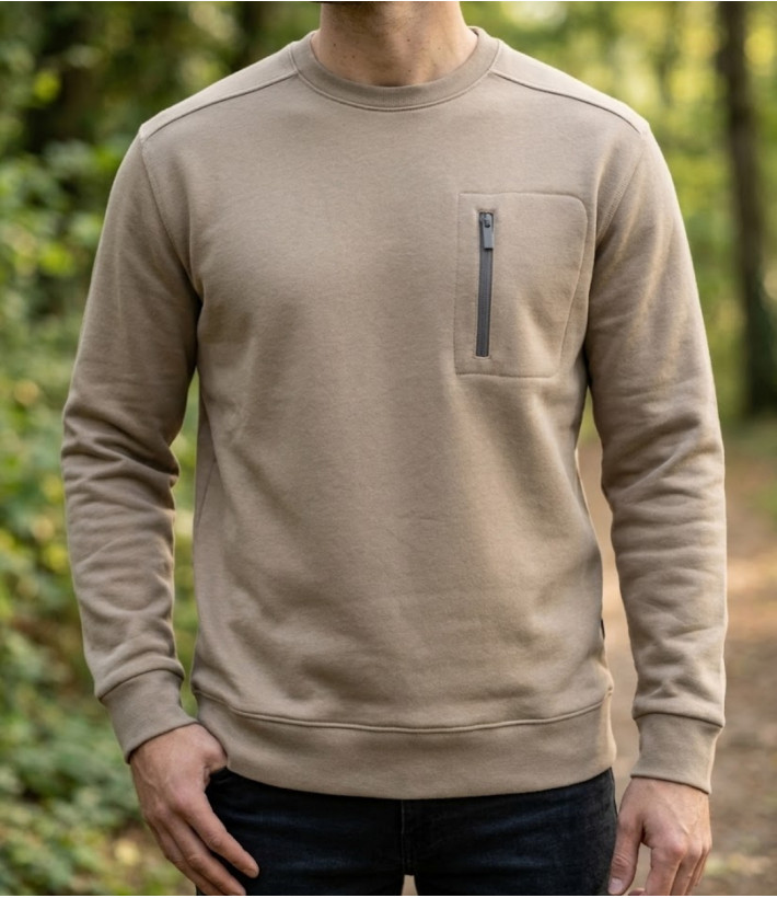 Sweat-shirt col rond CHALLENGER GARRY2 beige avec poche poitrine zippée
