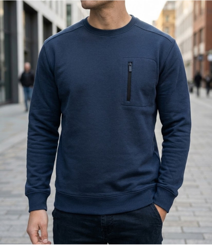 Sweat-shirt col rond CHALLENGER GARRY3 bleu marine avec poche poitrine zippée