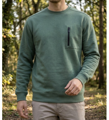 Sweat-shirt col rond CHALLENGER GARRY5 kaki avec poche poitrine zippée