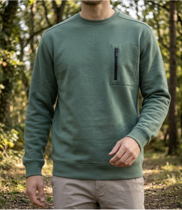 Sweat-shirt col rond CHALLENGER GARRY5 kaki avec poche poitrine zippée