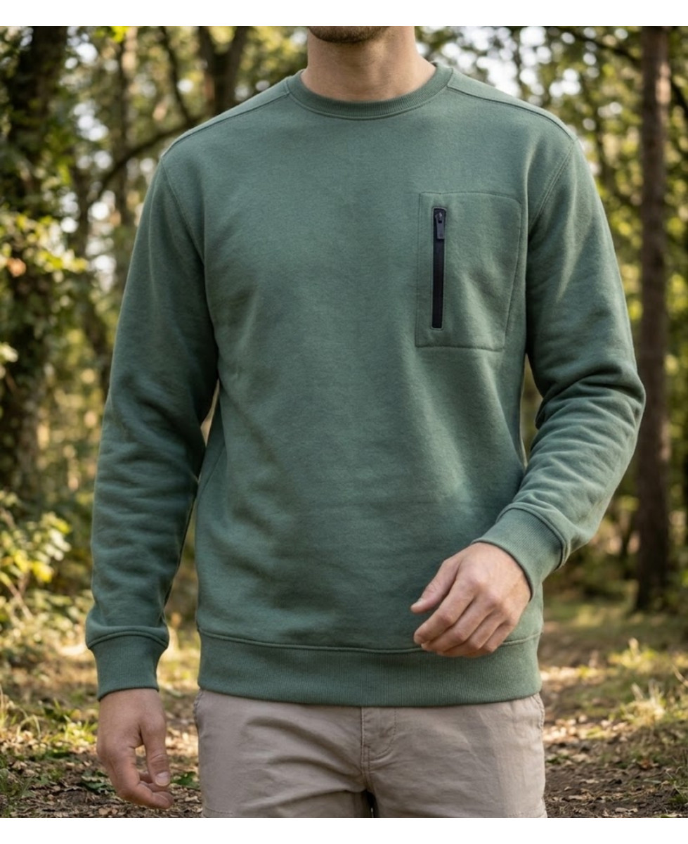 Sweat-shirt col rond CHALLENGER GARRY5 kaki avec poche poitrine zippée