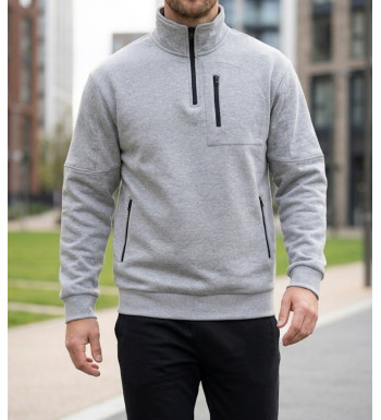 Sweat col camionneur homme CHALLENGER PERCEVAL3 gris chiné avec 4 poches zippées