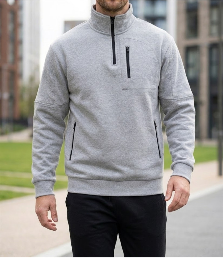 Sweat col camionneur homme CHALLENGER PERCEVAL3 gris chiné avec 4 poches zippées