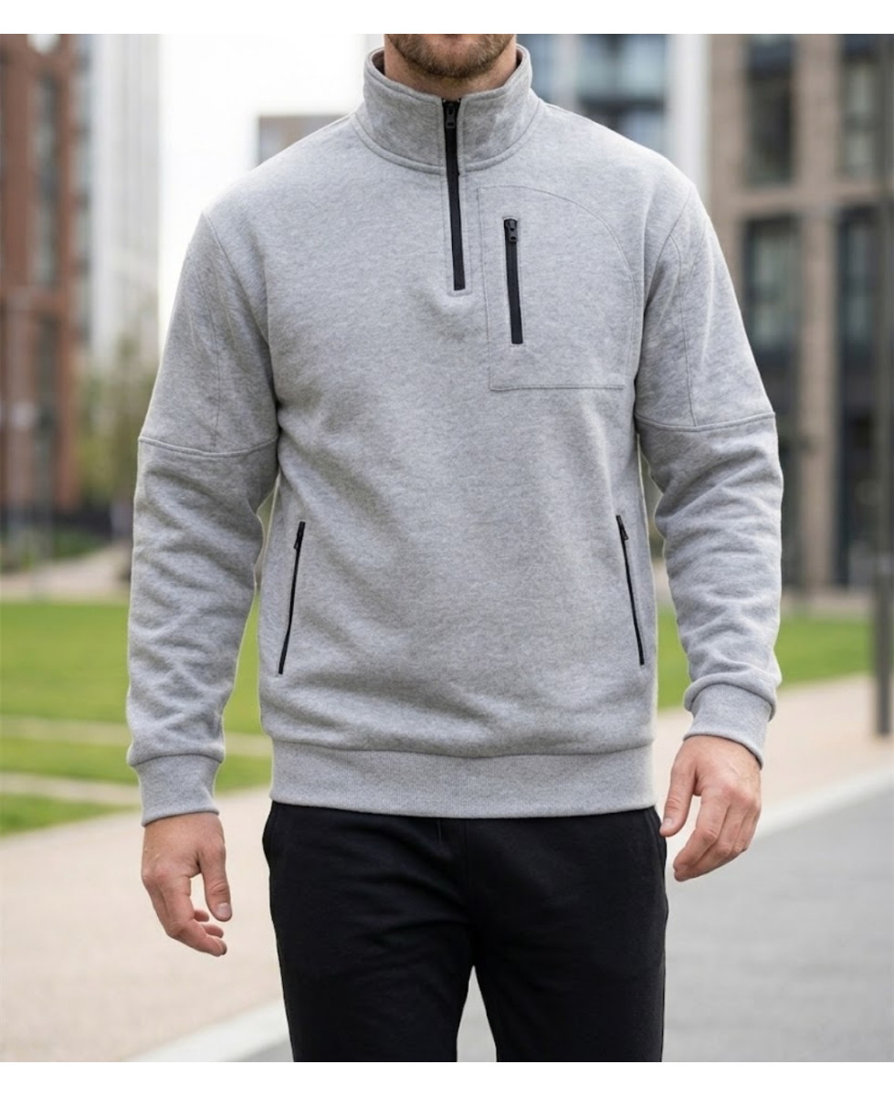 Sweat col camionneur homme CHALLENGER PERCEVAL3 gris chiné avec 4 poches zippées
