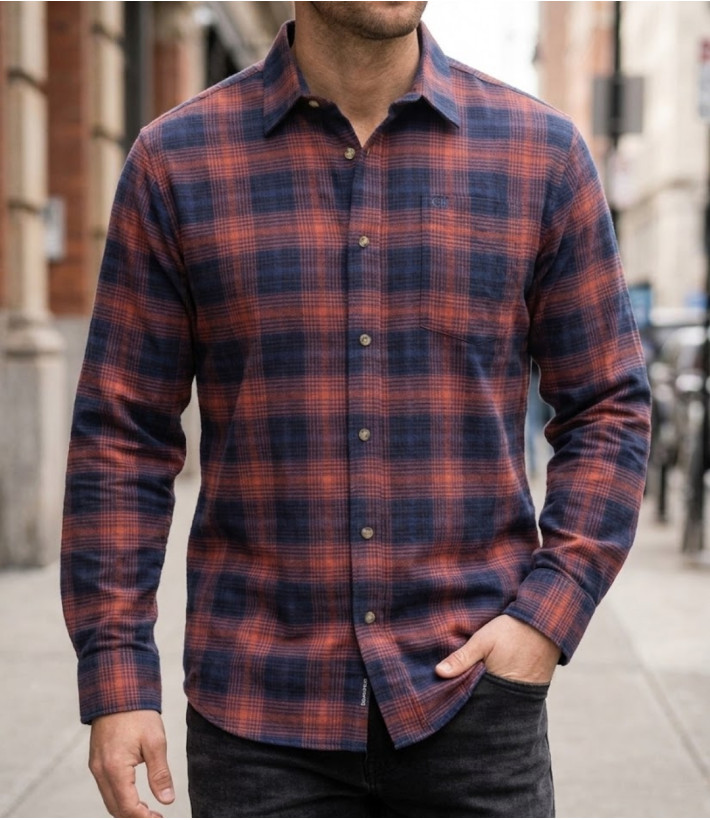 Chemise flanelle manches longues à carreaux bleu et rouille homme CHALLENGER BACCHUS