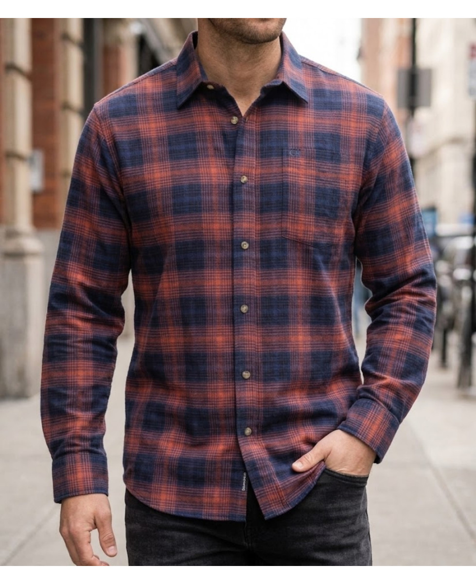 Chemise flanelle manches longues à carreaux bleu et rouille homme CHALLENGER BACCHUS
