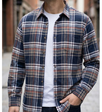 Chemise manches longues homme CHALLENGER BALEZE en flanelle de coton à carreaux bleu marine et beige