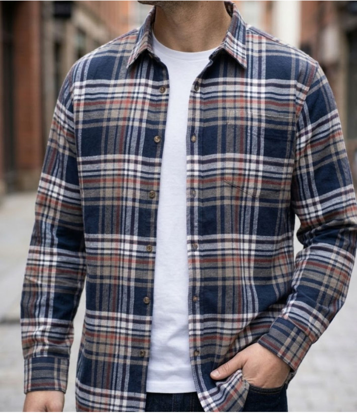 Chemise manches longues homme CHALLENGER BALEZE en flanelle de coton à carreaux bleu marine et beige