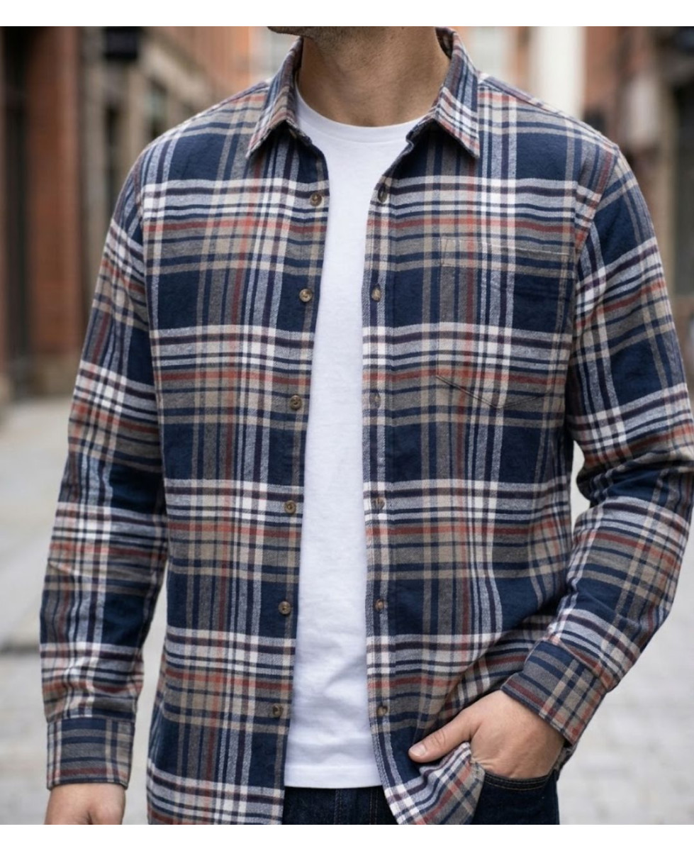 Chemise manches longues homme CHALLENGER BALEZE en flanelle de coton à carreaux bleu marine et beige