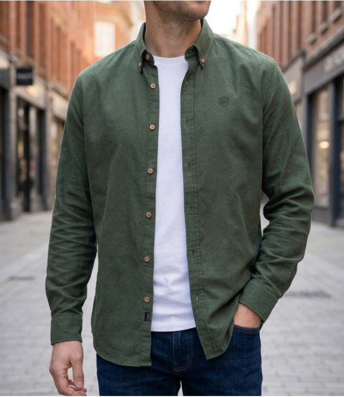 Chemise manches longues homme CHALLENGER BAOBAB en flanelle vert foncé avec boutons bois