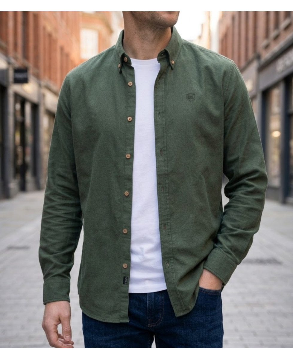 Chemise manches longues homme CHALLENGER BAOBAB en flanelle vert foncé avec boutons bois