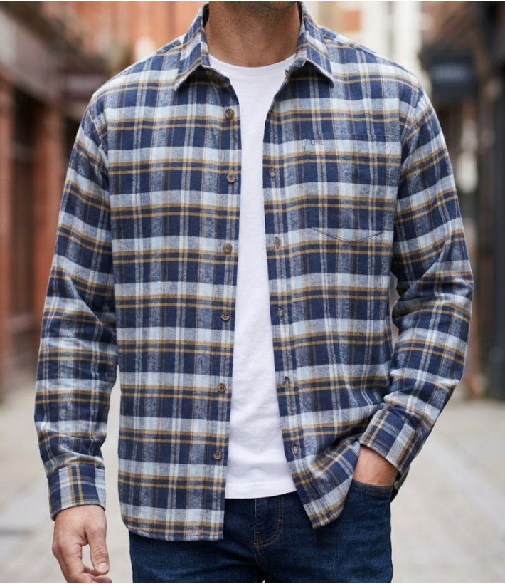 Chemise manches longues homme CHALLENGER BASQUE1 en flanelle de coton à carreaux bleu et jaune