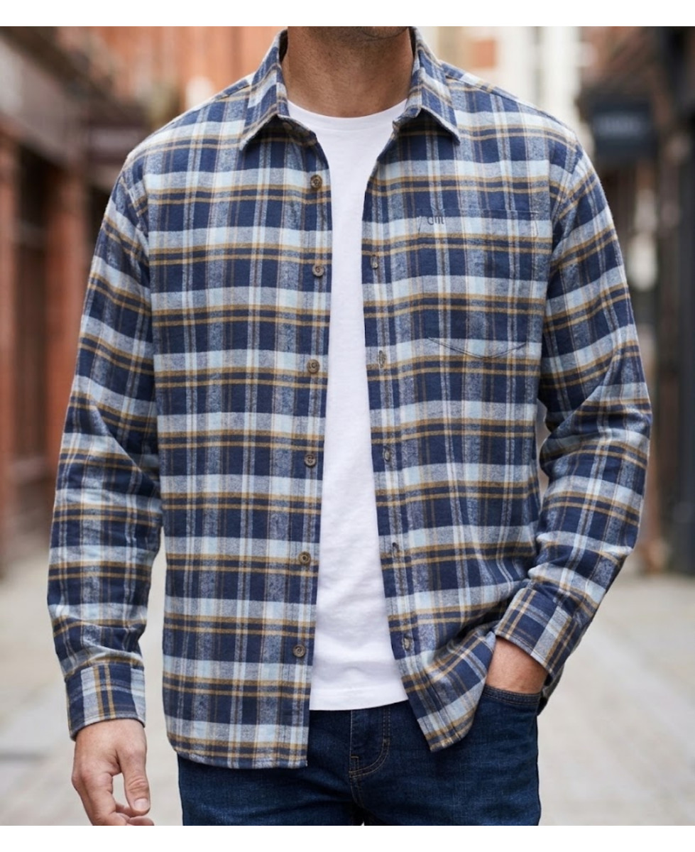 Chemise manches longues homme CHALLENGER BASQUE1 en flanelle de coton à carreaux bleu et jaune