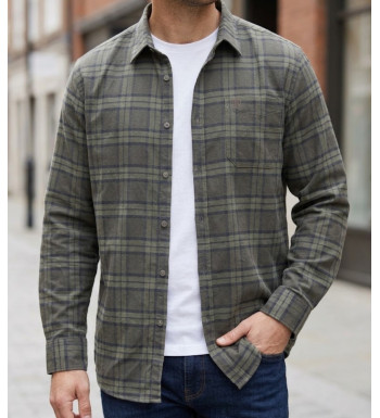 Chemise manches longues homme CHALLENGER BASTA1 en flanelle de coton à carreaux kaki et brun