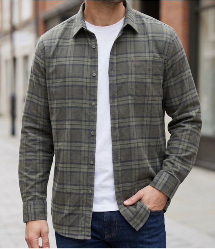 Chemise manches longues homme CHALLENGER BASTA1 en flanelle de coton à carreaux kaki et brun