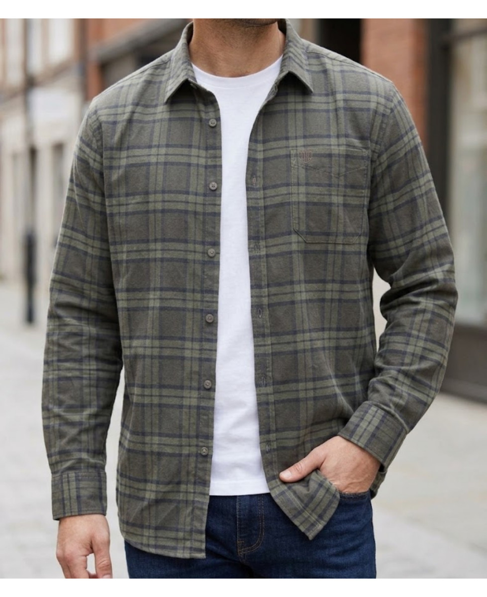 Chemise manches longues homme CHALLENGER BASTA1 en flanelle de coton à carreaux kaki et brun
