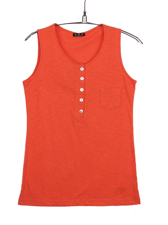 Débardeur orange coton – Col tunisien, liserais, poche poitrine