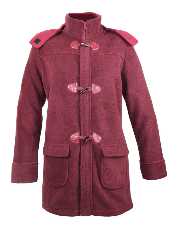 Manteau bordeaux femme avec capuche – Zip, boutons, poches
