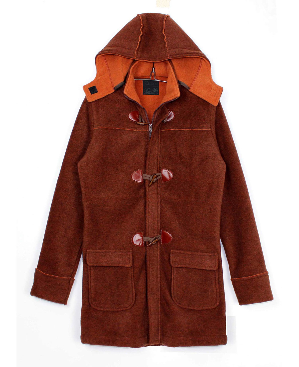 Manteau marron/orange femme – Capuche, zip, boutons, poches