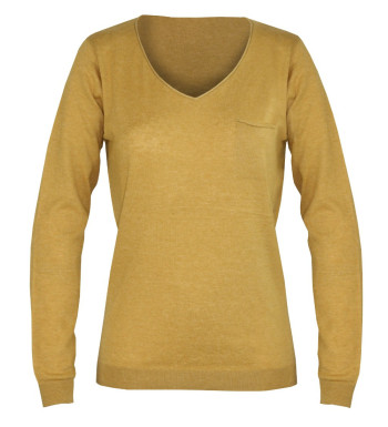 Pull moutarde femme CABARET2 – Col V roulotté, maille fine