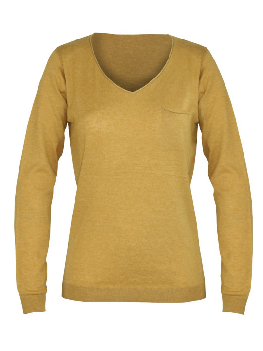 Pull moutarde femme CABARET2 – Col V roulotté, maille fine