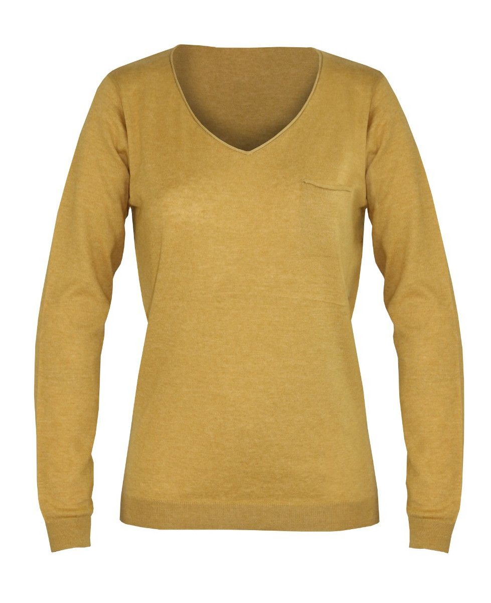 Pull moutarde femme CABARET2 – Col V roulotté, maille fine