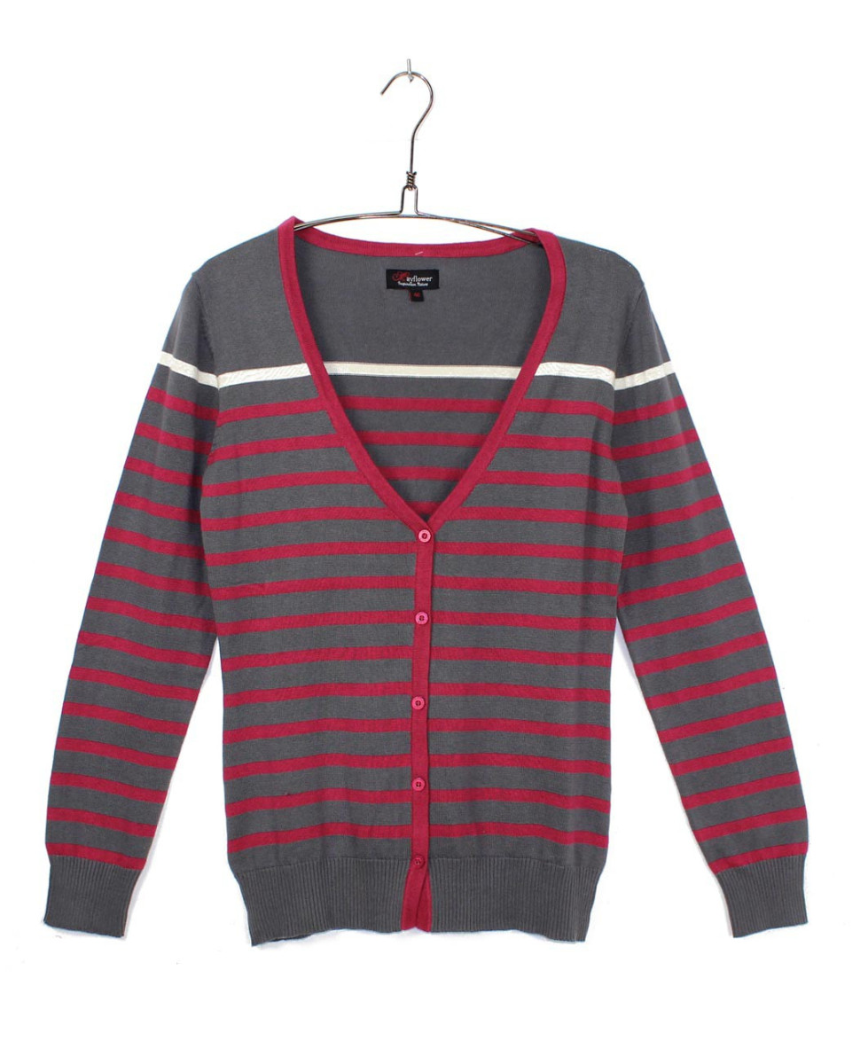 Cardigan femme gris/rouge CALVI2G – Élégance coton & style