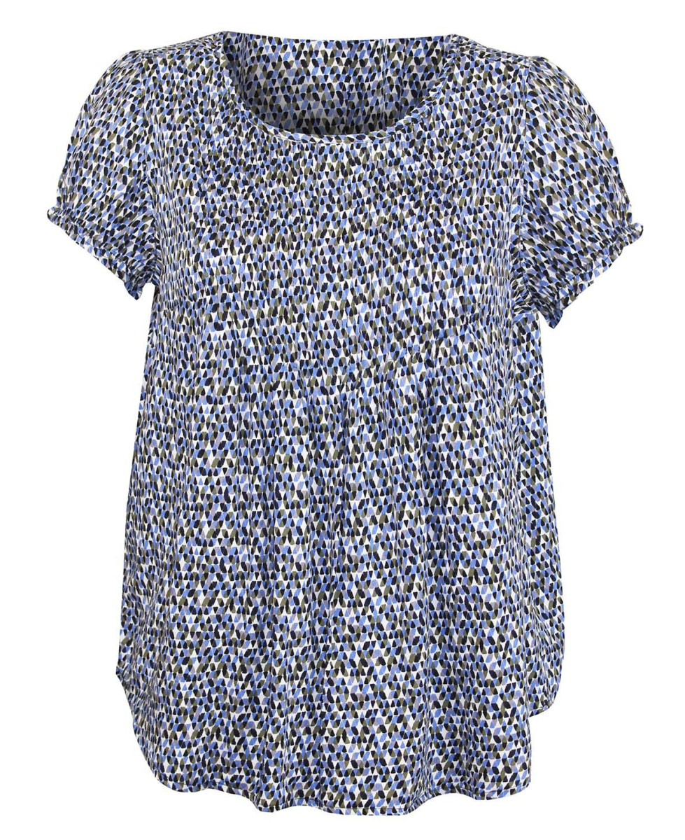 Chemisier femme confort viscose – Imprimé bleu/vert/noir, col froncé