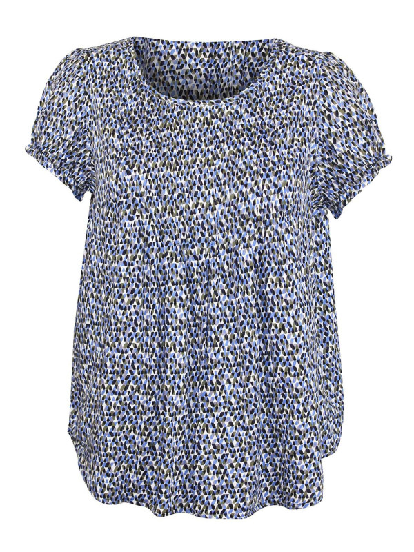 Chemisier femme confort viscose – Imprimé bleu/vert/noir, col froncé