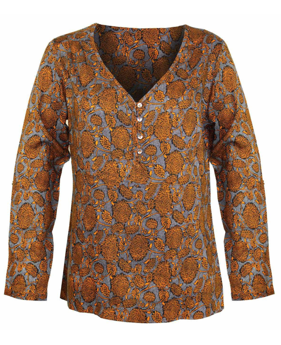 Chemisier motifs noirs/jaunes femme – Col ouvert, coupe confort