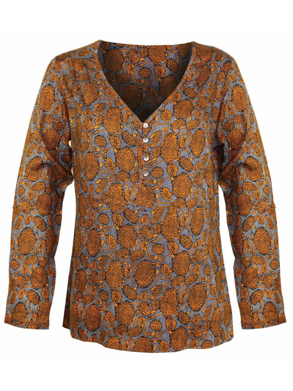 Chemisier motifs noirs/jaunes femme – Col ouvert, coupe confort